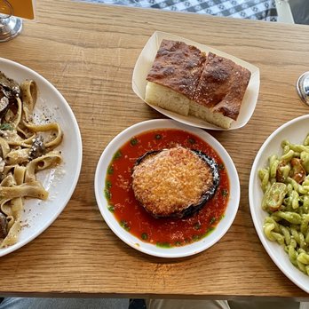 Forma Pasta Factory - Fettucini Funghi, Eggplant Parm, fresh focaccia, Gemelli Pesto - Pasta Shops Near Me - Brooklyn, New York