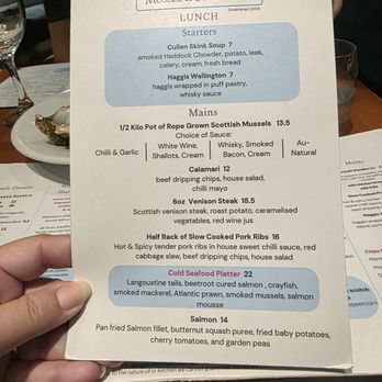 The Mussel and Steak Bar - The Lunch Menu - Seafood Near Me - Edinburgh, EDH