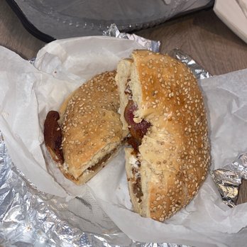 Brother's Bakery Cafe - Sesame bagel with cream cheese and bacon - Coffee & Tea Near Me - New York, New York Brother's Bakery Cafe - Sesame bagel with cream cheese and bacon - Coffee & Tea Near Me - New York, New York