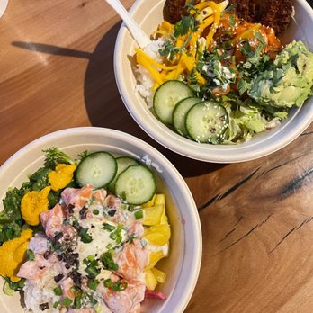 Aloha Snacks - Left: shiso crazy salmon poke Right: farmer's poke - Hawaiian Near Me - Virginia Beach, Virginia Aloha Snacks - Left: shiso crazy salmon poke Right: farmer's poke - Hawaiian Near Me - Virginia Beach, Virginia