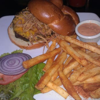 Stephen's Green - Cheeseburger with onion strings & cajun fries - Irish Near Me - Tuckahoe, New York