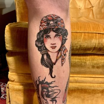 Black Sails Tattoo - American Traditional Pirate Lady Head by Fritz. - Tattoo Near Me - Tempe, Arizona Black Sails Tattoo - American Traditional Pirate Lady Head by Fritz. - Tattoo Near Me - Tempe, Arizona