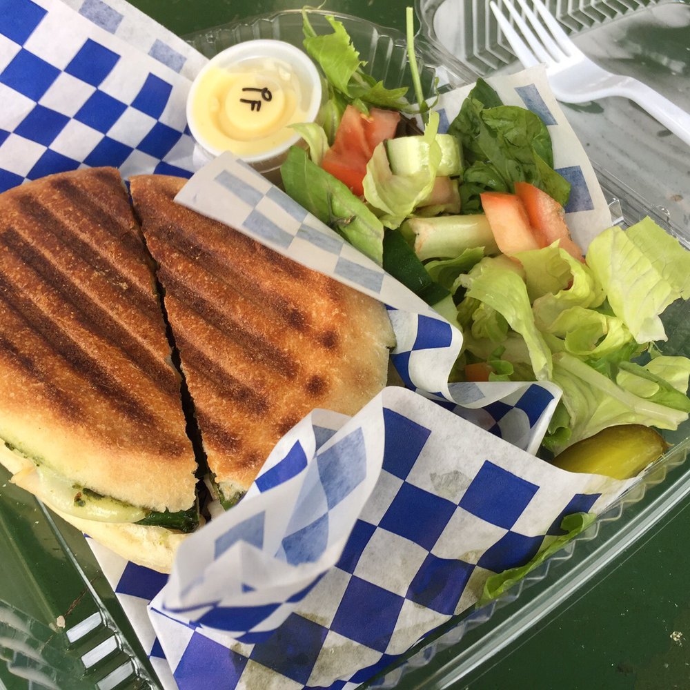 Hula Bean Cafe - Chicken Pesto Panini and a side salad with passion fruit dressing. - Cafes Near Me - Kaunakakai, Hawaii Hula Bean Cafe - Chicken Pesto Panini and a side salad with passion fruit dressing. - Cafes Near Me - Kaunakakai, Hawaii