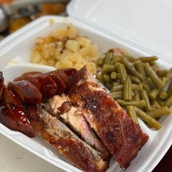 Hickory Smokehouse - Two Meat Plate With Ribs, Hotlink, Green Beans and Smother Potatoes
