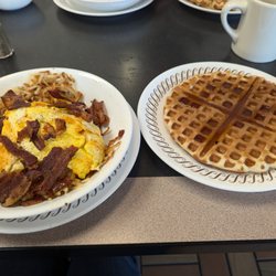 Waffle House - Bacon, egg & cheese hashbrown bowl with extra bacon. Waffle with syrup.