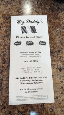 Menu photo 3 Big Daddy's Take-Out Woodbury, CT