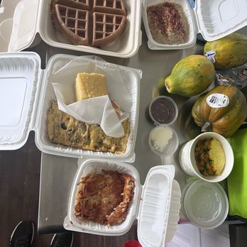 Kountry Style Kitchen Restaurant - We got breakfast to go! Waffle, omelette, cornbread, hash browns, pineapple, biscuit and gravy. - Breakfast & Brunch Near Me - Ewa Beach, Hawaii Kountry Style Kitchen Restaurant - We got breakfast to go! Waffle, omelette, cornbread, hash browns, pineapple, biscuit and gravy. - Breakfast & Brunch Near Me - Ewa Beach, Hawaii