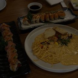 Uni pasta, aburi tuna roll, and salmon spicy roll (idk the name)