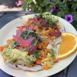 The barista recommended the sweet potato tacos with pickled veggies and avocado and they were yummy. The barista recommended the sweet potato tacos with pickled veggies and avocado and they were yummy.