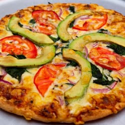Shemesh - Guacamole Pizza - tomato base topped with avocado,fresh tomato,spinach,red onion and mozzarella cheese
