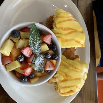 Untoasted - Chicken and waffles with scrambled eggs instead of poached. - Breakfast & Brunch Near Me - Hallandale Beach, Florida Untoasted - Chicken and waffles with scrambled eggs instead of poached. - Breakfast & Brunch Near Me - Hallandale Beach, Florida