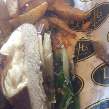 Drafts Burger Bar - Garlic burrrrggggeeerrrrr!!!! And garlic truffle wedges are crispy and tasty!!!! - American Near Me - Park City, Utah