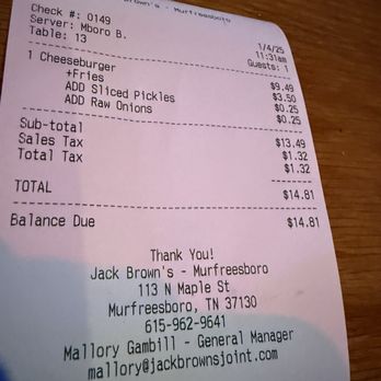 Jack Brown's Beer & Burger Joint - Murfreesboro - Receipt. Extra for pickles and onions - Burgers Near Me - Murfreesboro, Tennessee Jack Brown's Beer & Burger Joint - Murfreesboro - Receipt. Extra for pickles and onions - Burgers Near Me - Murfreesboro, Tennessee