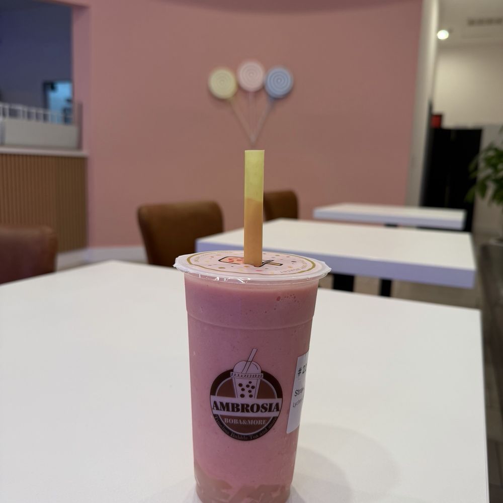 Ambrosia Brew - Strawberry Banana Smoothie with Lychee Jelly - Coffee & Tea Near Me - Garden Grove, California Ambrosia Brew - Strawberry Banana Smoothie with Lychee Jelly - Coffee & Tea Near Me - Garden Grove, California