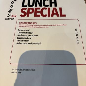 Katsu Gin - Lunch Special Menu - Japanese Curry Near Me - Milpitas, California