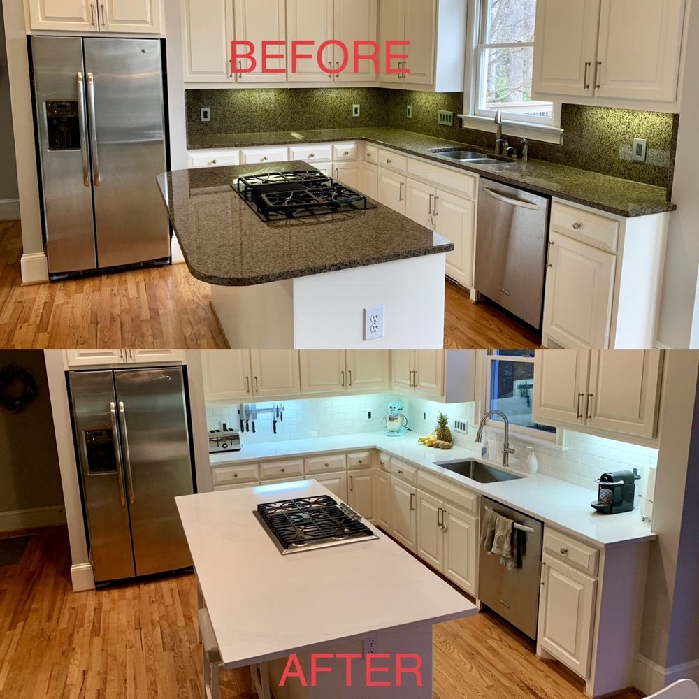 Carolina Countertops - The dark kitchen before, and the new lighter kitchen on the bottom. - Kitchen & Bath Near Me - Chapel Hill, North Carolina