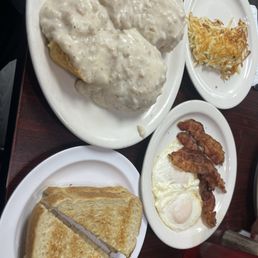 Biscuits & Gravy with 2 Eggs 4 Bacon or 2 Sausage Hashbrowns or Homefries