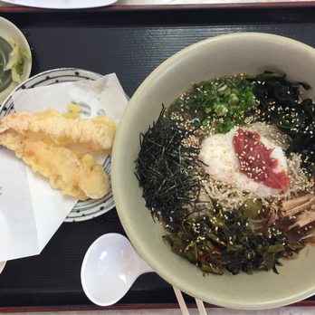 Ichimi Ann - ume takana bonito flakes soba with sides of tempura shrimp and poached egg - Japanese Near Me - Torrance, California Ichimi Ann - ume takana bonito flakes soba with sides of tempura shrimp and poached egg - Japanese Near Me - Torrance, California
