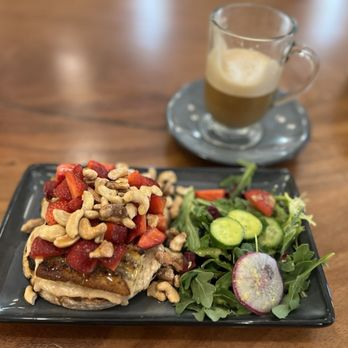 Truth & Tonic - Strawberry cashew butter toast with salad (drizzled with an orange vinaigrette), cafe latte lavendar - Breakfast & Brunch Near Me - Las Vegas, Nevada Truth & Tonic - Strawberry cashew butter toast with salad (drizzled with an orange vinaigrette), cafe latte lavendar - Breakfast & Brunch Near Me - Las Vegas, Nevada