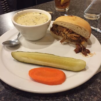 Krumpets - The half pulled pork sandwich with a side of clam chowder... Kinda a tiny sammie - Breakfast & Brunch Near Me - Fulton, Illinois