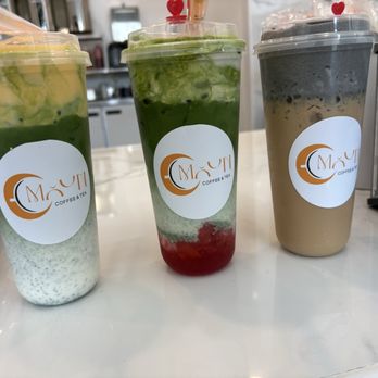 Moon Coffee and Tea - Matcha latte w/egg custard foam, strawberry matcha latter with Sea Salt vanilla cold foam and moon latte with black sesame cold foam. - Coffee & Tea Near Me - Fontana, California