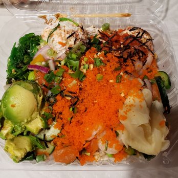 Skipjack Poke Co. - Large plate with brown rice, shrimp, salmon, spicy tuna, and every topping except wasabi. - Poke Near Me - Rancho Cucamonga, California Skipjack Poke Co. - Large plate with brown rice, shrimp, salmon, spicy tuna, and every topping except wasabi. - Poke Near Me - Rancho Cucamonga, California
