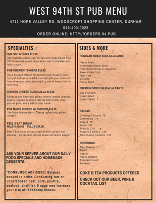 Menu photo 2 West 94th St Pub Durham, NC