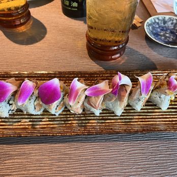 Sushi Yama - The Memorial Roll - salmon, crab salad, topped with seared toro and orchid. Phenomenal! - Sushi Bars Near Me - Travelers Rest, South Carolina