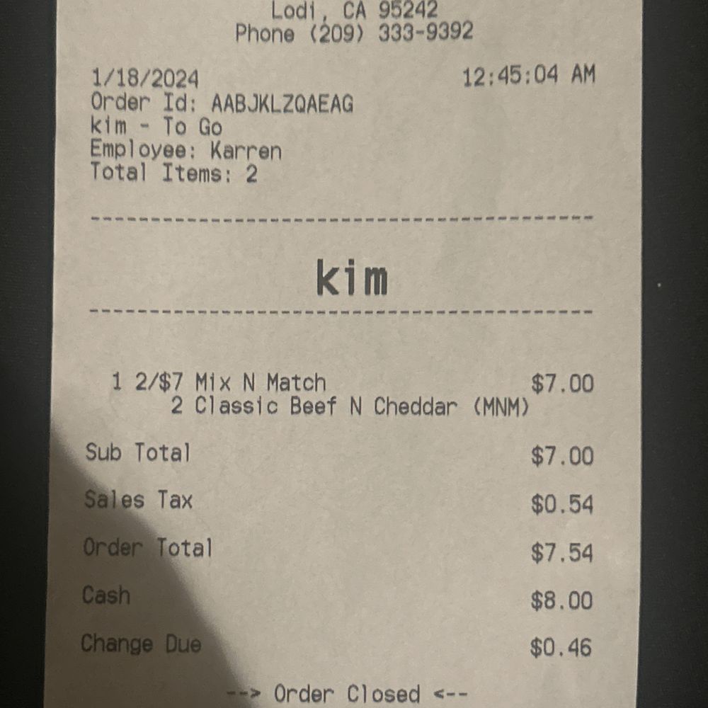 the receipt for the restaurant
