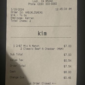 Arby's - the receipt for the restaurant - Fast Food Near Me - Lodi, California