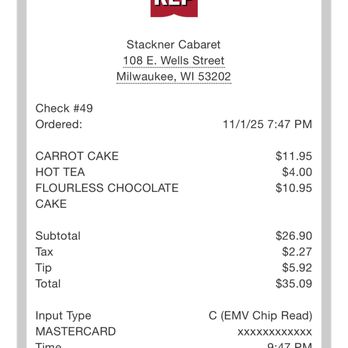 Stackner Cabaret - receipt - Performing Arts Near Me - Milwaukee, Wisconsin Stackner Cabaret - receipt - Performing Arts Near Me - Milwaukee, Wisconsin