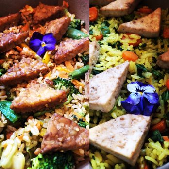 Veganics - Tempeh and veggie fried rice to the left, marinated tofu with coconut jasmine rice to the right. FIRE - Caterers Near Me - Los Angeles, California Veganics - Tempeh and veggie fried rice to the left, marinated tofu with coconut jasmine rice to the right. FIRE - Caterers Near Me - Los Angeles, California