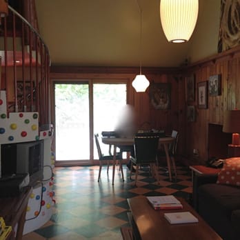 Kate's Lazy Meadow - downstairs of cabin 7. Kitchen and bathroom behind the stairs. - Hotels Near Me - Mount Tremper, New York
