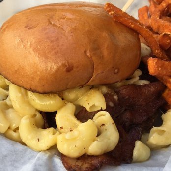 Ty's Burger House - Close up of the Bacon Mac N Cheese Burger. Don't worry I'm a professional - Burgers Near Me - Oceanside, California
