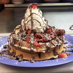J & M Diner - Two Belgian waffles with USA fruit and Nutella drizzle