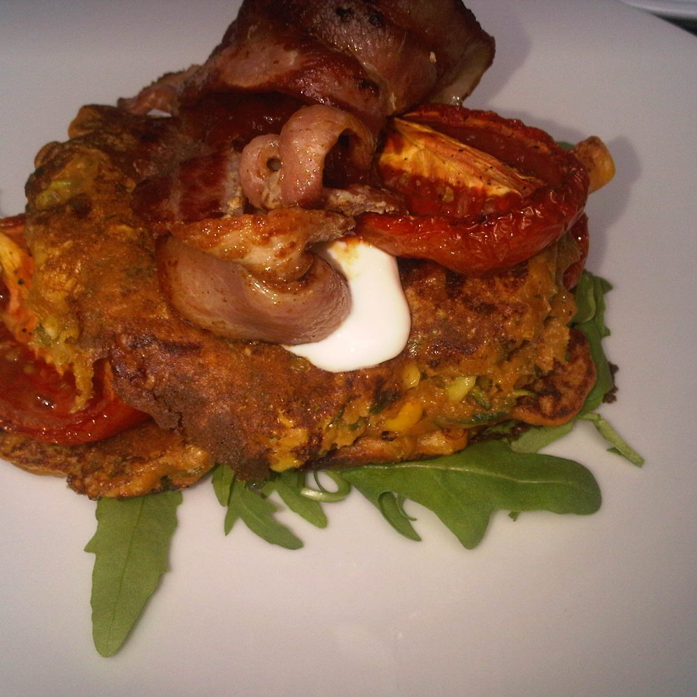 Lantana Cafe - corn fritters with bacon - Breakfast & Brunch Near Me - London, XGL Lantana Cafe - corn fritters with bacon - Breakfast & Brunch Near Me - London, XGL