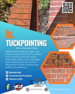 Tuckpointing - Tuckpointing is the process of removing damaged, cracked, or deteriorating mortar from between brick or stone joints and replacing it with new mortar to restore both the appearance and structural integrity of the masonry.
Over time, weather, moisture, foundation movement, temperature changes, and age cause mortar joints to weaken and break down. When mortar begins to crack, crumble, separate, or fall out, water can penetrate behind the brickwork and create much larger problems such as interior leaks, loose brick, structural instability, mold growth, and freeze-thaw damage. Tuckpointing helps stop that deterioration before it becomes a major repair.
The process begins by carefully grinding or chiseling out the old damaged mortar joints to a proper depth without harming the surrounding brick. Once the deteriorated mortar is removed, the joints are cleaned thoroughly to remove dust and debris. New mortar is then mixed to closely match the existing mortar color, texture, and hardness of the original structure. The fresh mortar is carefully installed into the joints and tooled to match the existing appearance of the masonry.
A properly completed tuckpointing project should blend naturally with the surrounding wall so repairs are difficult to notice. Achieving a seamless repair requires experience, attention to detail, and a strong understanding of mortar composition and brickwork patterns. Improper mortar selection or poor installation techniques can actually damage brick over time, which is why professional masonry repair is important.
Tuckpointing not only improves the appearance of brickwork but also significantly extends the life of the structure. Restoring mortar joints strengthens the wall, helps prevent water intrusion, improves stability, and protects the property from future deterioration. It is one of the most important maintenance services for brick homes, chimneys, retaining walls, fireplaces, commercial buildings, and historic masonry structures.
Many homeowners first notice the need for tuckpointing when they see cracked mortar lines, missing joints, loose brick, white staining, moisture issues, or sections of brick beginning to shift or separate. Addressing these issues early can often prevent far more costly structural repairs later.
At OKC Brick Repair, we specialize in professional tuckpointing and mortar restoration services throughout Oklahoma City and surrounding areas. We take pride in creating clean, durable repairs that blend naturally with existing masonry while protecting the long-term integrity of the structure. Whether working on historic brick, residential homes, chimneys, or commercial buildings, our goal is always to provide repairs that are both structurally sound and visually seamless. Tuckpointing - Tuckpointing is the process of removing damaged, cracked, or deteriorating mortar from between brick or stone joints and replacing it with new mortar to restore both the appearance and structural integrity of the masonry.
Over time, weather, moisture, foundation movement, temperature changes, and age cause mortar joints to weaken and break down. When mortar begins to crack, crumble, separate, or fall out, water can penetrate behind the brickwork and create much larger problems such as interior leaks, loose brick, structural instability, mold growth, and freeze-thaw damage. Tuckpointing helps stop that deterioration before it becomes a major repair.
The process begins by carefully grinding or chiseling out the old damaged mortar joints to a proper depth without harming the surrounding brick. Once the deteriorated mortar is removed, the joints are cleaned thoroughly to remove dust and debris. New mortar is then mixed to closely match the existing mortar color, texture, and hardness of the original structure. The fresh mortar is carefully installed into the joints and tooled to match the existing appearance of the masonry.
A properly completed tuckpointing project should blend naturally with the surrounding wall so repairs are difficult to notice. Achieving a seamless repair requires experience, attention to detail, and a strong understanding of mortar composition and brickwork patterns. Improper mortar selection or poor installation techniques can actually damage brick over time, which is why professional masonry repair is important.
Tuckpointing not only improves the appearance of brickwork but also significantly extends the life of the structure. Restoring mortar joints strengthens the wall, helps prevent water intrusion, improves stability, and protects the property from future deterioration. It is one of the most important maintenance services for brick homes, chimneys, retaining walls, fireplaces, commercial buildings, and historic masonry structures.
Many homeowners first notice the need for tuckpointing when they see cracked mortar lines, missing joints, loose brick, white staining, moisture issues, or sections of brick beginning to shift or separate. Addressing these issues early can often prevent far more costly structural repairs later.
At OKC Brick Repair, we specialize in professional tuckpointing and mortar restoration services throughout Oklahoma City and surrounding areas. We take pride in creating clean, durable repairs that blend naturally with existing masonry while protecting the long-term integrity of the structure. Whether working on historic brick, residential homes, chimneys, or commercial buildings, our goal is always to provide repairs that are both structurally sound and visually seamless.