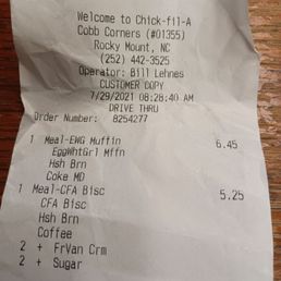ows a receipt for a chicken