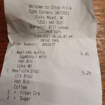 Chick-fil-A - ows a receipt for a chicken - Fast Food Near Me - Rocky Mount, North Carolina