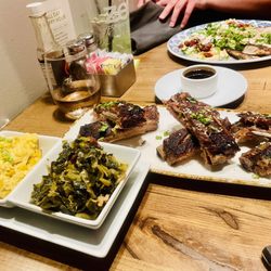 Zea Rotisserie & Bar - Bacon Braised Collard Greens Roasted Corn Grits Thai Ribs with sauce on the side