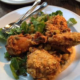 Fried chicken , raisin chutney, arugula passionfruit