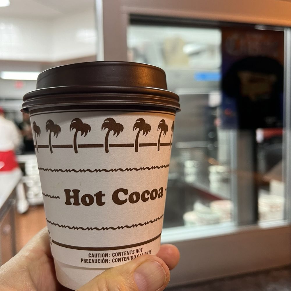 Hot Cocoa is like drinking chocolate syrup (small size $2+) Good taste with Ghirardelli chocolate!