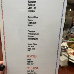 Beer and Wine menu - The menu features sections for beers, red wines, and white wines, including brands like Budweiser, Corona, Merlot, and Chardonnay.