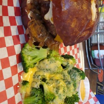 Stacked STL - Pretzel, pepperjack, carmelized onions, pickle, fried jap burger. Yum!!! - Burgers Near Me - Saint Louis, Missouri