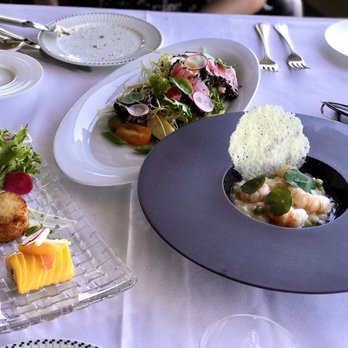 Five Sails Restaurant - Ahi tuna salad, Dungeness crab cake and mango wrapped Dungeness crab, and spot prawn risotto. - French Near Me - Vancouver, British Columbia