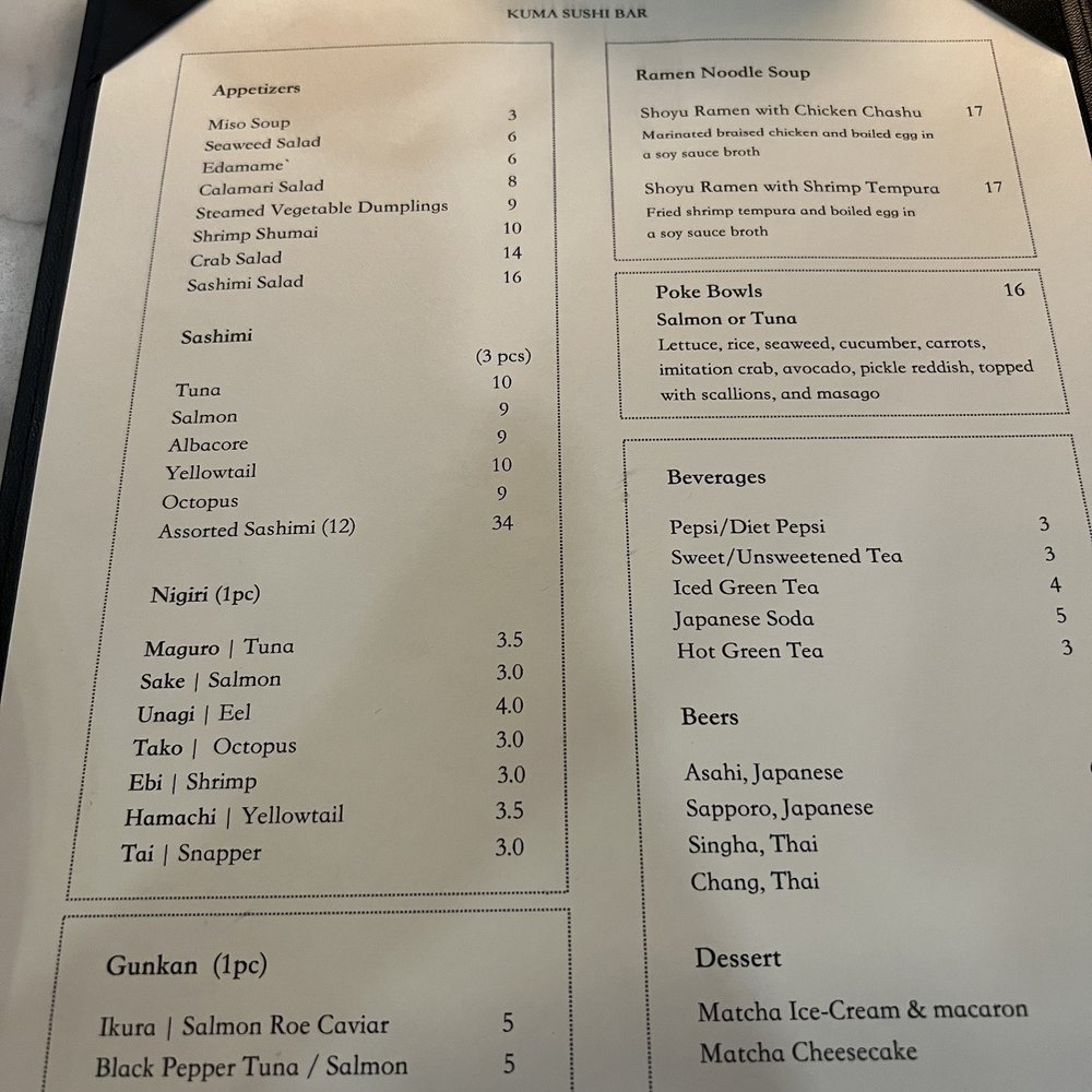 Kuma Sushi Bar - Menu (dinner) - Sushi Bars Near Me - New Bern, North Carolina