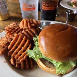 Burger & sweet potato waffle fries. Burger & sweet potato waffle fries.