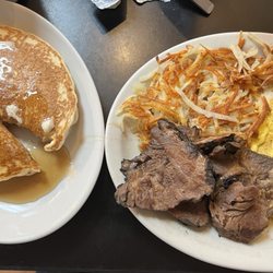 Short Stacks - Pot Roast, scrambled eggs, Hash browns with Pancakes!