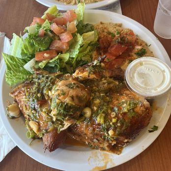 Chicken Maison - 1/2 chicken (spicy lemon garlic) with spicy hummus and green salad - Mediterranean Near Me - Santa Ana, California Chicken Maison - 1/2 chicken (spicy lemon garlic) with spicy hummus and green salad - Mediterranean Near Me - Santa Ana, California