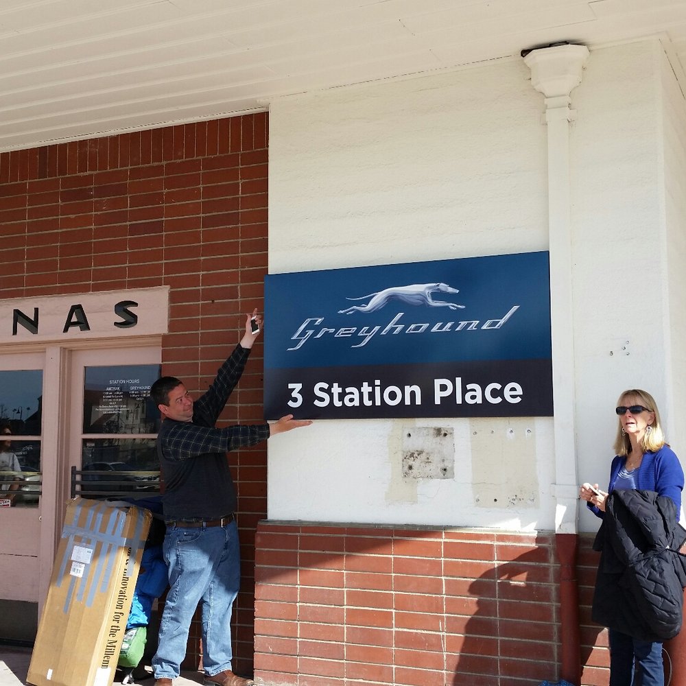 Amtrak - The New Greyhound sign in front of the Train Station - Train Stations Near Me - Salinas, California